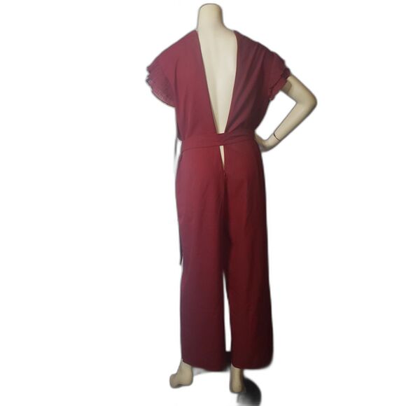 SHEIN Jumpsuit Womens XL Red Ruffle Sleeve Belted Keyhole Back Wide Leg Romper - Picture 5 of 10